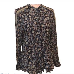 Free People Navy Floral Blouse w/ Accent Stripes